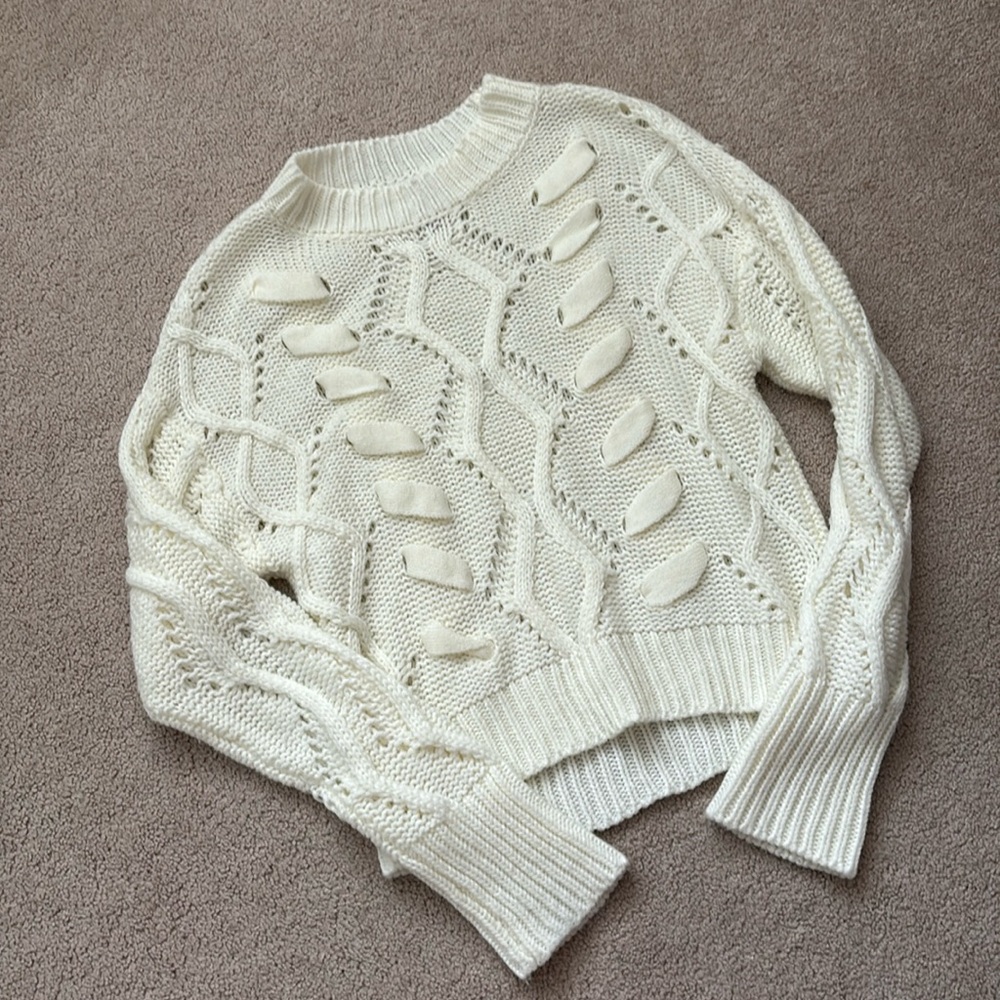 Francesca’s Collections White Lace Up Front Cable Knit Sweater